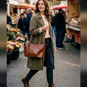 Women's Brown Leather Tote Bag with Dual Shoulder Straps